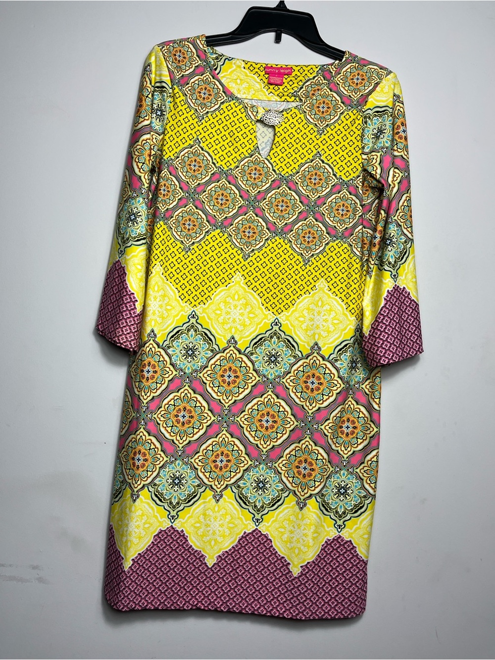 Sunny Leigh Yellow Shift Dress with Pink and Turquoise Medallions Small